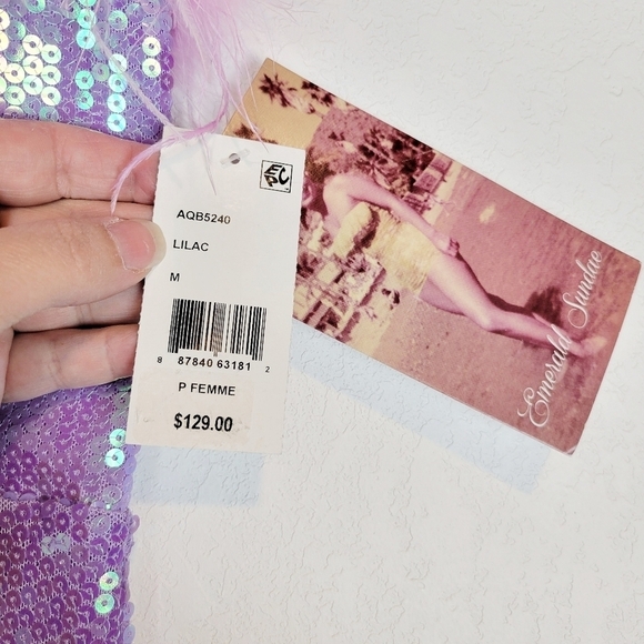 NWT Emerald Sundae Juniors Sequined Strapless Feather-Trim Gown in Lilac - Picture 7 of 12